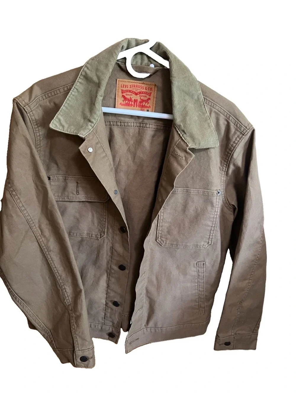 Levi’s Stock Trucker Jacket A0730-0006 Medium NWOT Tan Canvas Corduroy Collar - Picture 1 of 7